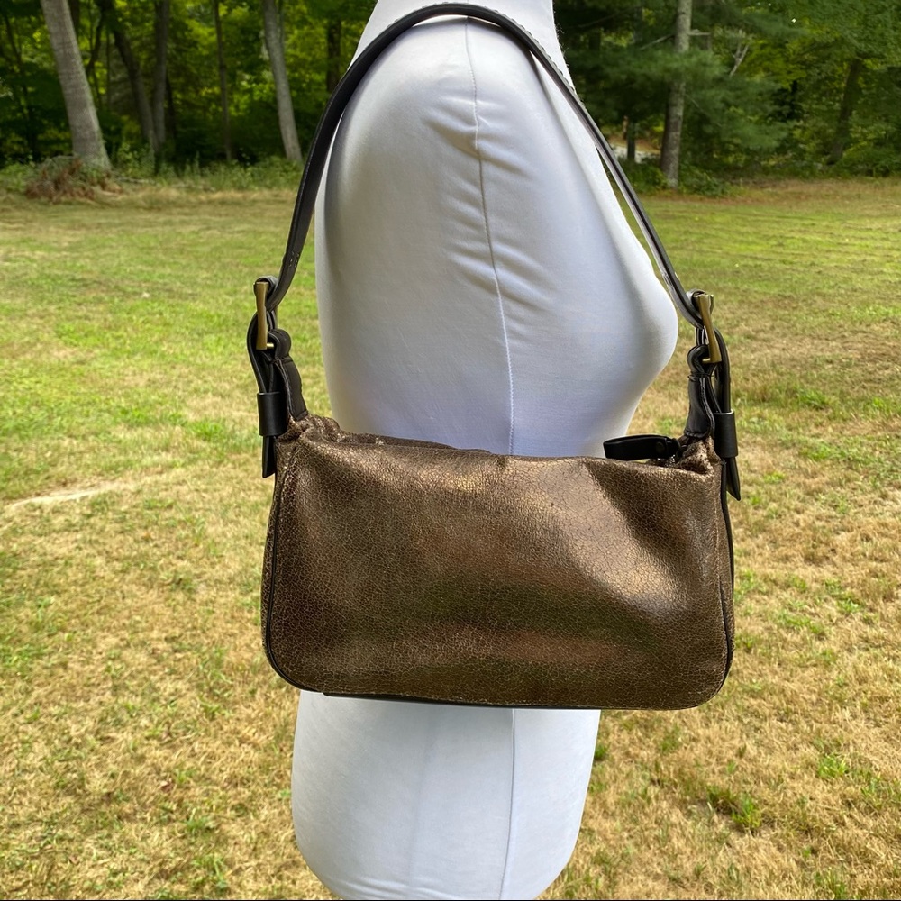 DONALD J. PLINER BAG SHOULDER BRONZE GOLD TEXTURED DARK BROWN LEATHER ZIP TOP